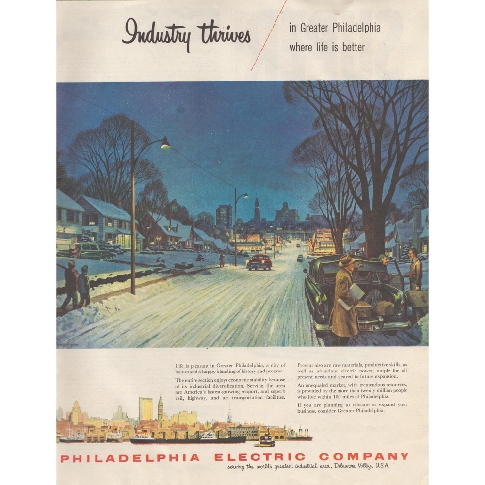 1955 Philadelphia Electric Company Vintage Print Ad Winter Cityscape Mid Century